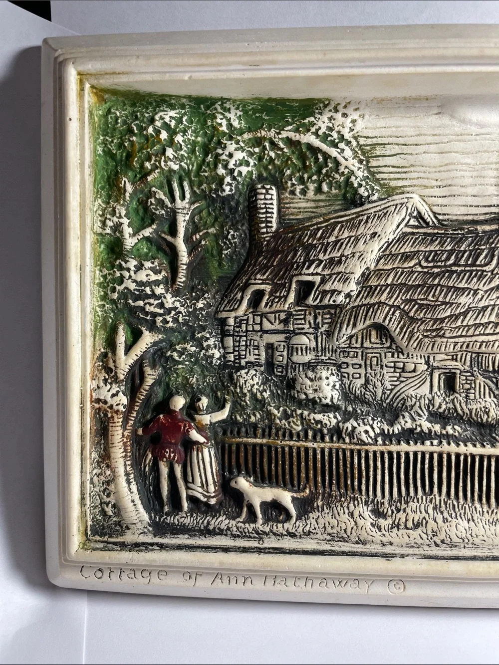 Cottage Scene Relief Wall Plaque in Cream and Green